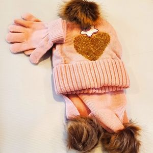 New Toby New York Set of Pinkband Gold Scarf, Gloves and Benie.